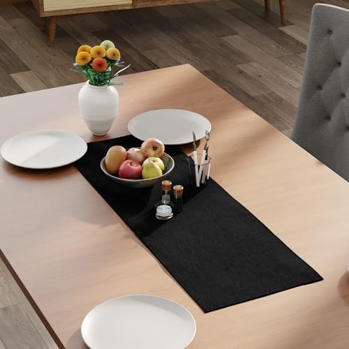 Encasa XO Table Runner 2 Seater, Soft Chenille 13"x36" | Black, Woven Rib Texture | Machine Washable | Colorfast & Shrink Resistant | Durable Polyester Yarns - color: Black, size: 13x36 in