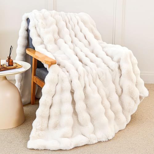 Faux Rabbit Fur Throw Blanket for Couch Gifts for Women 60"x80" Cream White | Cozy Reversible Fluffy Throw, Luxury Plush Thick Bubble Blanket, Mothers Gifts for Women, Soft Warm for Bed, Home Decor - color: Cream White, size: Twin60"x80"