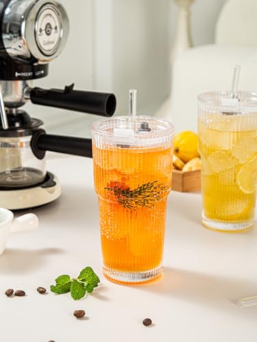 Ribbed Glass Tumbler Set of 4-20oz Coffee Tumbler with Lids and Straws - Leakproof Inverted for Iced Coffee, Smoothies & Cocktails - Glasses Drinking Set & Drinking Cups Durable Glassware