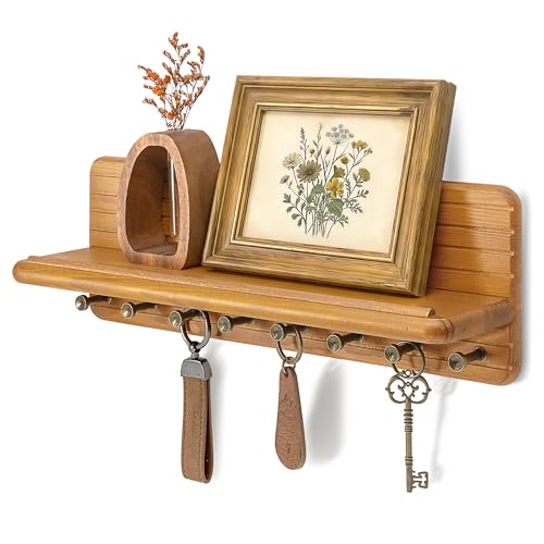 Rebee Vision Key Holder Wall Mount with 8 Key Hooks for Home Decor, Yellow | Pine Wood, Key Holder for Wall, Round Corner, Floating Shelf, Display Plant, Key Hanger for Wallets, Apartment Essential - color: Yellow