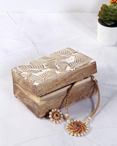 Mother's Day Wooden Hand White Wash Leaf Design Jewelry Storage Box Holder | Tarot Card Trinket Keepsake Wooden Storage Box Perfect Gifts for Women 6x4x2.5 Inch