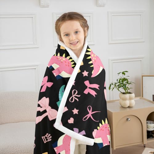 Cute Dino Kids Fleece Blanket,Kawaii Bowknot Heart Princess Style Throw Blanket for Adult,Pink Black Dinosaur Cartoon Animal Lightweight Polyester Sofa Sherpa Blanket, Queen (90 x 90 Inch) - color: 01 Black Pink, size: Queen