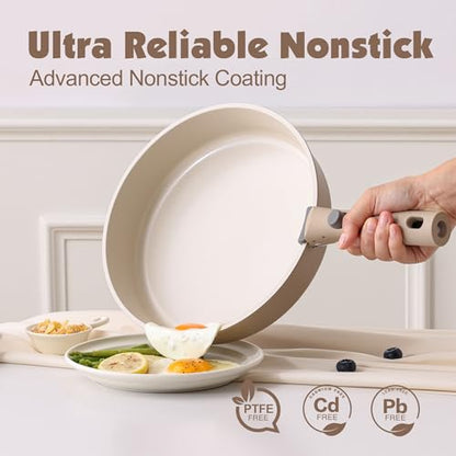 SENSARTE 17 Piece Ceramic Detachable Handle Pots and Pans Set Almond Beige | Ceramic Cookware Set, Induction Cookware Set with Removable Handle, Healthy Non Stick for RV, Dishwasher ＆ Oven Safe - color: Almond Beige, size: 17 Piece