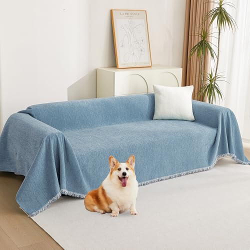 MYSKY HOME Chenille Couch Cover, Sofa Slipcover for 1-2 Cushion Sectional Couch, Machine Washable Soft Furniture Protector with Tassels, Futon Sofa Covers, Throw for Dogs, Kids, 71" x 102", Blue - color: Tassels Edge-blue, size: 71" x 102"