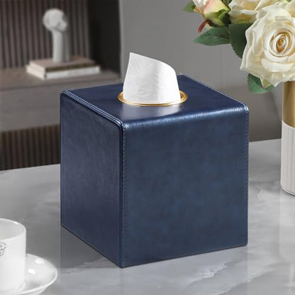 Square Tissue Box Cover with Magnetic Closure, Navy Blue | Luxury PU Leather Tissue Holder with Gold Tone Metal Opening, Fits All Standard Cube Tissue Boxes - color: Navy Blue