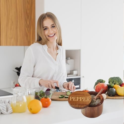 PEPPER Cellar, Acacia Wood Salt Container with Built-in Spoon & Swivel Lid, Engraved PEPPER Box, Salt Holder Bowl for Countertop Seasoning Storage - color: Acacia Wood PEPPER Cellar