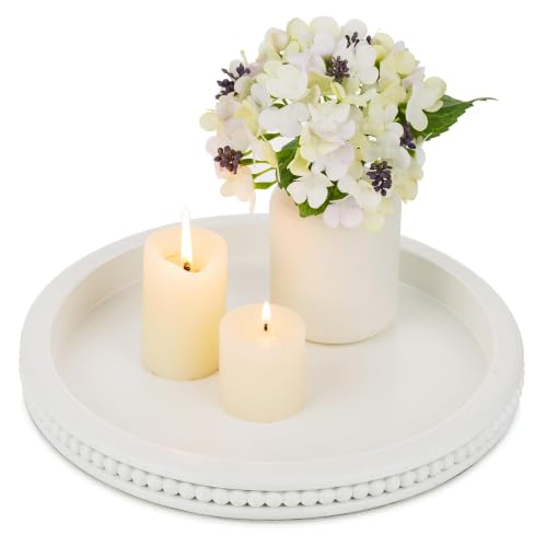 Hanobe Round Decorative Tray for Coffee Table, White, 11.8-inch | Beaded edge, crafted from wood, holds candle and vase, modern farmhouse style for dining table centerpiece and living room - color: White
