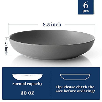 Y YHY Pasta Bowls Set of 6, Large Salad Serving Bowls, Porcelain Soup Bowls 30 Ounces, Wide and Flat, Microwave Dishwasher Safe, Matte Grey - color: Matte Gray, size: 30 oz