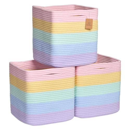NaturalCozy Storage Cubes 11 Inch Cotton Rope Woven Baskets for Organizing, 3-Pack | Cube Storage Bin | Square Storage Baskets for Shelves Organizer, Classroom, Kids Toy Bins, Closet, Baby Nursery - color: Pastel Rainbow