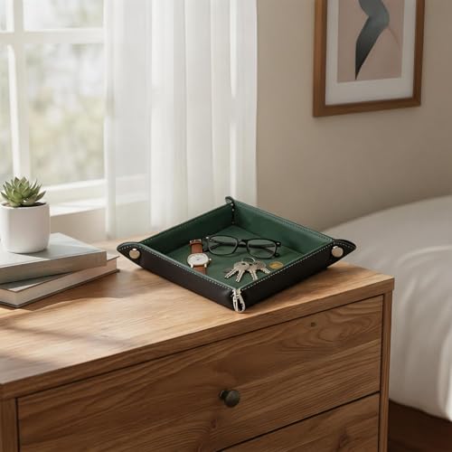 Valet Tray Desktop Storage Organizer – Vegan Leather Catchall Tray Bedside Vanity Tray Nightstand Caddy Holder for Remote Controller, Watch, Keys, Phone, Wallet, Coin, Jewelry, Midnight Green - color: Midnight Green