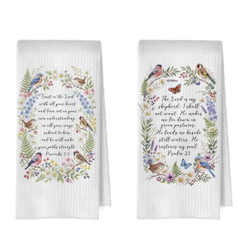 Christian Birds Gifts Kitchen Towel Set - Floral Religious Birds Gifts Decorative Waffle Dish Towels, Christian Bible Hand Towels, Hostess Gift Tea Towel, 16x24 Inch Set of 2 - color: Christian -08