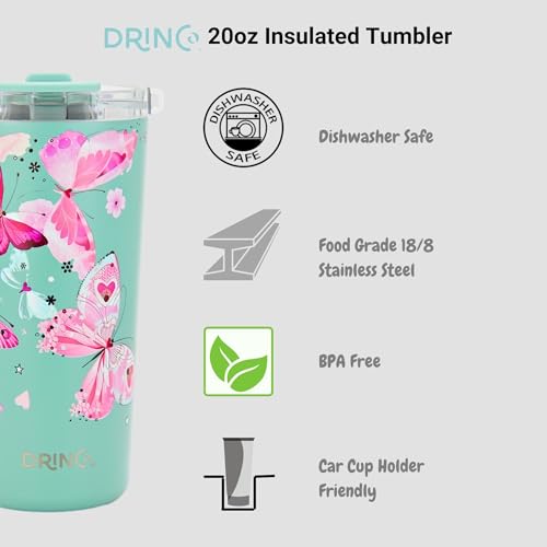 Drinco - 20 oz Stainless Steel Tumbler | Double Walled Vacuum Insulated Mug With Lid, 2 Straws, For Hot & Cold Drinks (20oz Butterfly) - color: 20oz Butterfly