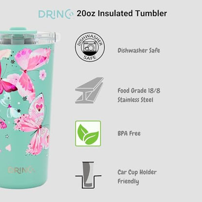 Drinco - 20 oz Stainless Steel Tumbler | Double Walled Vacuum Insulated Mug With Lid, 2 Straws, For Hot & Cold Drinks (20oz Butterfly) - color: 20oz Butterfly