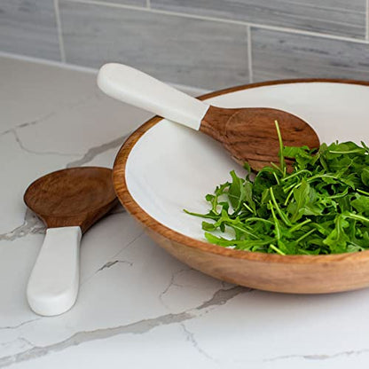 Wooden Salad Servers, Set of 2, Acacia Wood & White Enamel Tongs, Handcrafted Serving Utensils - color: White Enamel
