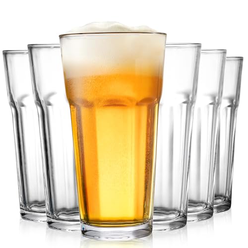 Yopay Set of 6 Drinking Glasses 16oz, Thick Tempered Water Glasses, Lead-Free Highball Pint Clear Iced Hot Tea Glassware for Juice, Beer, Cocktails Milkshake, Soda Tumbler