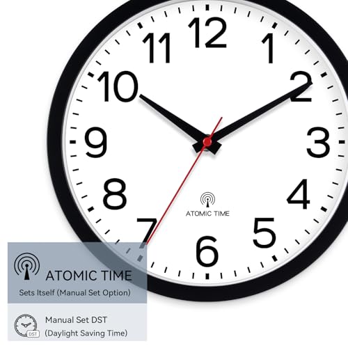 AKCISOT 10 Inch Wall Clock, Silent Battery Operated Analog Clock, Black | Atomic | Classroom | Kitchen | Office | Easy to Read Numbers | Garage - color: Atomic_black, size: 10 Inch
