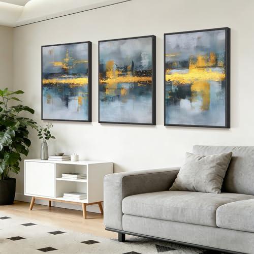 Blue and Gold Abstract Wall Art Set of 3, Modern Framed Canvas Wall Art 16x24 Inch, Luxury Abstract Landscape Wall Painting for Living Room Bedroom Office, Metal Frame Ready to Hang - color: Metallic Waterscapes, size: 24"L X 16"W