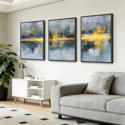 Blue and Gold Abstract Wall Art Set of 3, Modern Framed Canvas Wall Art 16x24 Inch, Luxury Abstract Landscape Wall Painting for Living Room Bedroom Office, Metal Frame Ready to Hang - color: Metallic Waterscapes, size: 24"L X 16"W