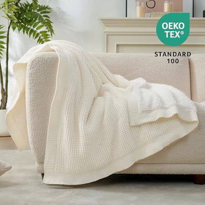 Reversible Waffle Weave Throw Blanket, Chenille Knit with Warm Sherpa, Soft Cozy Blanket for Couch, 50"x60", Ivory - color: Waffle-ivory