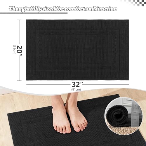 100% Cotton Bath Mat 20" x 32"for Bathroom, Black | Hot-melt Non-Slip Backing, Washable Textured Woven Bath Rug, Soft Comfortable & Absorbent Bathmat 20x32