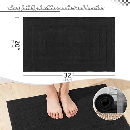 100% Cotton Bath Mat 20" x 32"for Bathroom, Black | Hot-melt Non-Slip Backing, Washable Textured Woven Bath Rug, Soft Comfortable & Absorbent Bathmat 20x32