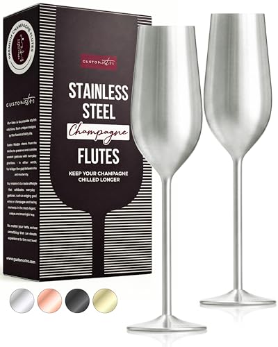 Gusto Nostro Stainless Steel Champagne Flutes Set of 2 (Silver) Unique, Unbreakable, Colorful Metal Champagne Glasses - Modern Toasting Flutes - Luxury Wedding Gifts for Couple - Wedding Registry Idea - color: Silver, size: Set of 2