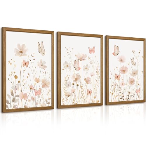 Pink Floral Wall Art Vintage Nursery Wildflower Canvas Wall Decor Watercolor Flower Prints Pink Boho Botanical Poster Butterfly Pictures Gold Beige Floral Painting for Bedroom 12x16x3 Inch Wood Framed - color: Pink Butterfly Art, size: 12''x16'' Framed