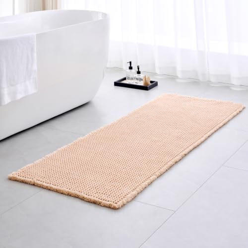 Waffle Bath Mat Non Slip Washable 54x24, Super Absorbent Quick Dry Boho Bathroom Rugs with Tassels, High Density Non Slip Backing, Luxury Carpet for Tub&Shower, Beige - color: Beige, size: 54" X 24" (Bathroom Rug)