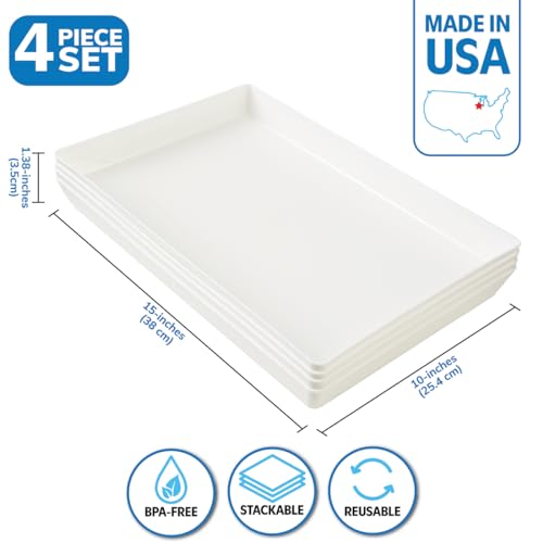 US Acrylic White Plastic Serving Trays (Set of 4) 15” x 10” | Large Unbreakable Reusable Rectangular Party Platters | Serve Appetizers, Fruit, Veggies, & Desserts | BPA-Free & Made in USA - color: White, size: 15" x 10"