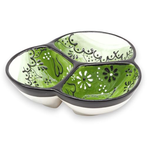 3-Compartment Ceramic Serving Dish, Handmade in Spain | 7.5” divided chip and dip bowl with lead-free glaze, microwave, oven and dishwasher safe, ideal for tapas, snacks and sauces - color: Onyx Green