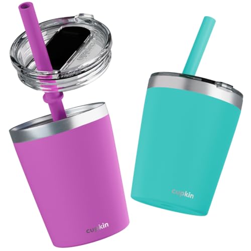 CUPKIN Cups with Lids and Straws, The Original 8 oz Stackable Stainless Steel First Sippy Cup, Set of 2 Powder Coated Insulated Kids Hot Drink Cup + BPA Free Lids + Silicone Straws (Green + Pink) - color: Green + Pink, size: 8 Fl Oz (Pack of 2)