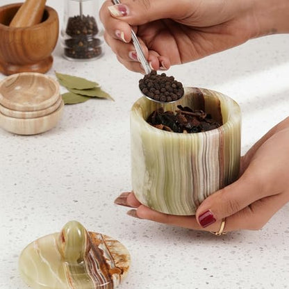 Marble Salt Cellar with Lid 4" Inch Green Handmade Table Salt Container & Sugar Bowl For Kitchen Countertop, Ideal Salt Dish & Salt Jar for Celtic Salts - color: Green onyx