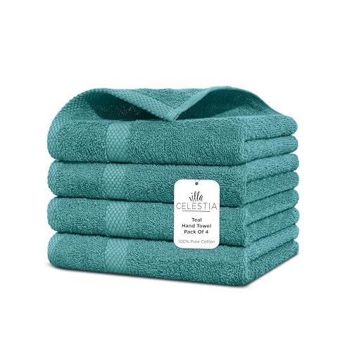 Villa Celestia Cotton Hand Towels Set of 4, 16 x 28, Oeko-TEX Certified, Quick Dry, Teal - color: Teal, size: Hand Towel - Pack of 4