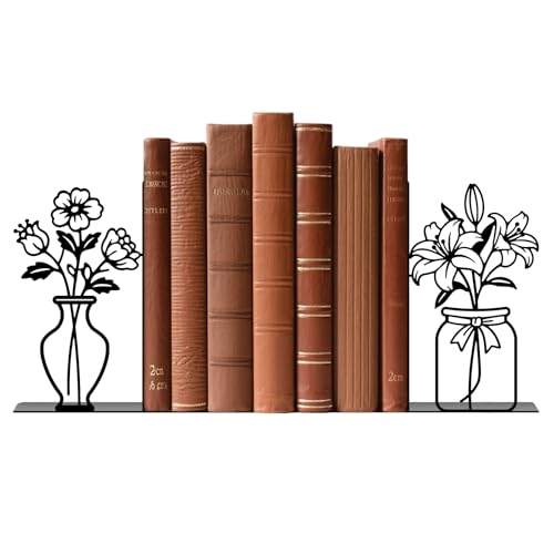 Metal Bookends Flower Vase Book Ends for Shelves | Flower Bookends Decorative Unique Desk Bookend Black Book Stopper for Home Reading Bookshelf Decor Book Lovers Gift - style: Flower Vase