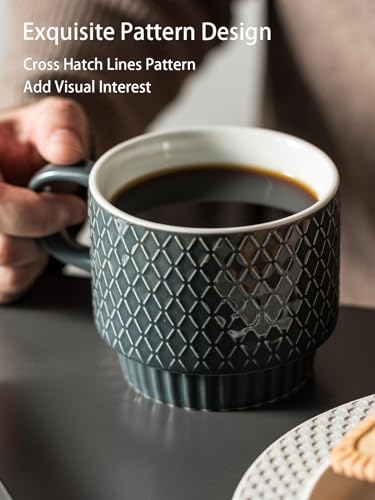 Gomakren Coffee Mugs Set of 4, 13oz Stackable Coffee Cup with Stand, Grey | Stackable Space-Saving, with 4 Spoons | Textured Grey Grid Stoneware Dishwasher Safe, for Coffee Milk Tea Cocoa & Gifting Use - color: Gray