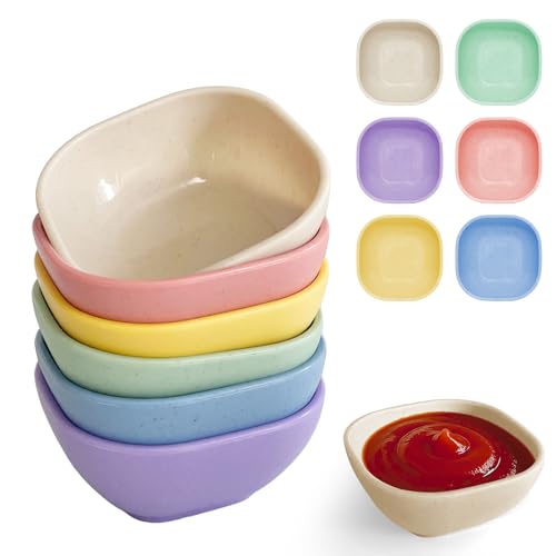 SHECIPIN 6 Pack Small Plastic Bowls 4.5 OZ Unbreakable Wheat Straw Dipping Bowls，plastic ramekins, Assorted Colors Dipping Sauce Cups, dip cups， Dessert, Ketchup - color: 6 piece small bowls