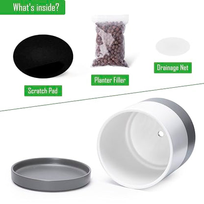 D'vine Dev 2-Pack Ceramic Pots with Saucers, 8/10 in, White/Grey, 94-G-L-6 | Glazed Ceramic, Drainage Hole, Perfect-Fit Saucer, Sleek Cylinder Shape, High Temperature Fired, Elegant Home Accent - color: White/Speckled Grey, size: Large