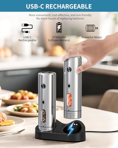 CIRCLE JOY Electric Salt and Pepper Grinder Set with Rechargeable Base Upgraded Stainless Steel Automatic Salt and Pepper Shakers with 2 Grinding Speeds, External Adjustment and 110ml Capacity, Silver - color: External Adjustment Silver