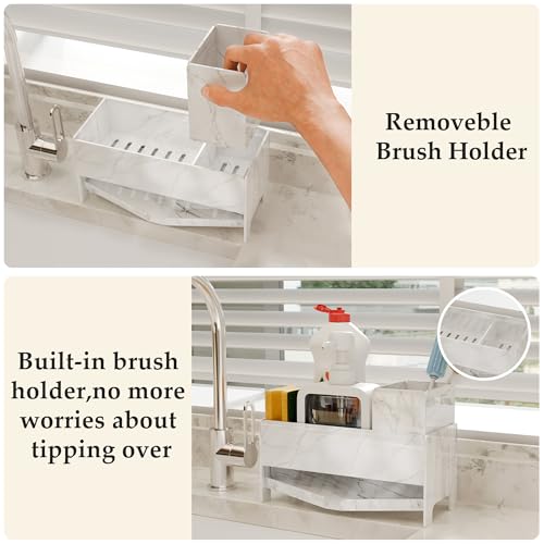 TIDIIABODE Sink Caddy Organizer for Kitchen Counter - White Marble Acrylic Sponge & Soap Bar Holder with Brush Slot, 9.2" Wide Countertop Storage Rack, Self-Draining, Rustproof