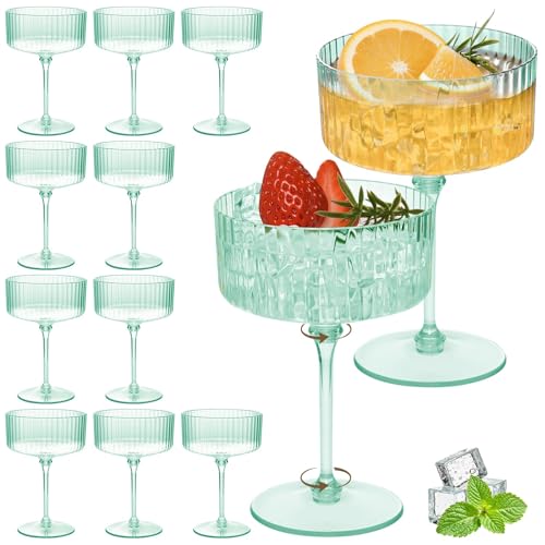 Set of 12 Plastic Martini Glasses, 10 oz Ribbed Coupe Glasses for Cocktails and Martinis, Disposable Espresso Martini Glasses. Ideal for Parties, Weddings, and Home Bars, Crystal Vintage Cups (Green) - color: Green