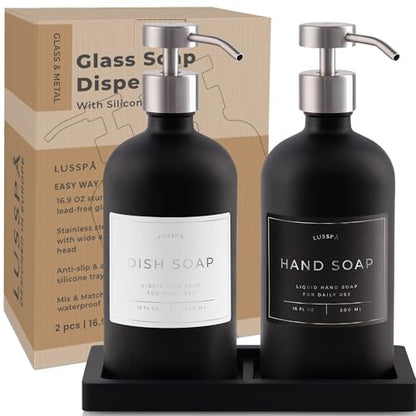Glass Soap Dispenser Set of 2 (Black) with Silicone Tray | Hand and Dish Soap Dispenser for Kitchen and Bathroom | 16.8 Oz Glass Bottles with Stainless Steel Pump & 15 Waterproof Labels (Black/Silver) - color: Black/Silver