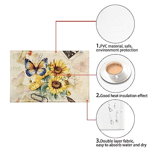 Durable Placemats Set of 4, Dining Table Woven Vinyl PVC Placemat Wipeable Easy to Clean Oil-Proof Non-Slip Tablemats for Kitchen, Butterfly Sunflower Retro - color: Butterfly Sunflower Retro, size: Set of 4