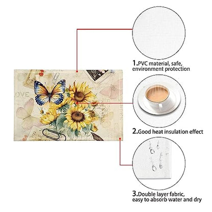 Durable Placemats Set of 4, Dining Table Woven Vinyl PVC Placemat Wipeable Easy to Clean Oil-Proof Non-Slip Tablemats for Kitchen, Butterfly Sunflower Retro - color: Butterfly Sunflower Retro, size: Set of 4
