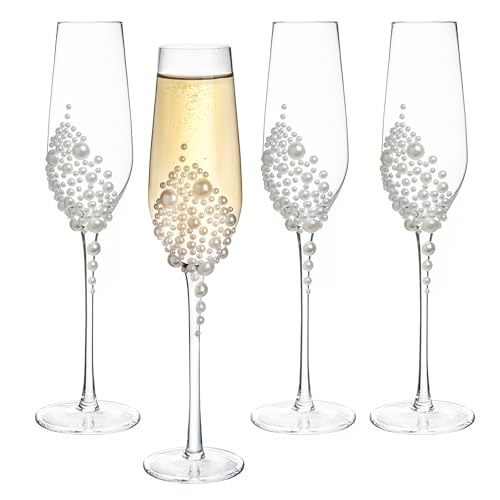 MyGift 6 oz Pearl Champagne Flutes Clear Stemmed Toasting Glasses Set 4 | Faux Pearl Accent, Elegant Stem Design, Perfect for Celebrations, Gift Ready Drinkware, Special Occasion Table Setting - color: White