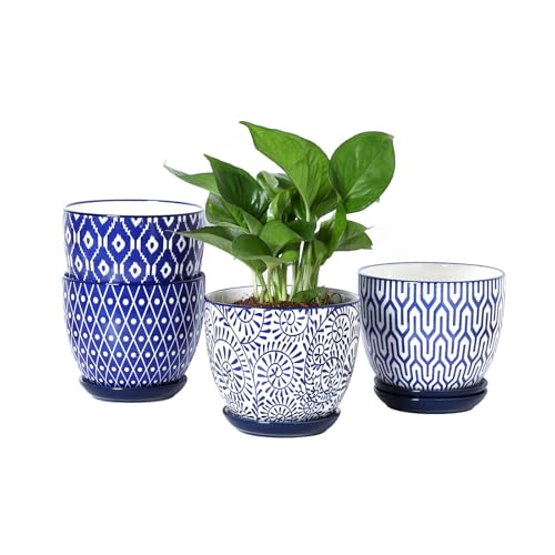 Selamica Ceramic Plant Pots, 5.6 Inch Flower Pots for Indoor Plants with Drainage Hole and Saucer,Home Decor, Set of 4, Vintage Blue - color: Vintage Blue, size: 5.6 inch, set of 4