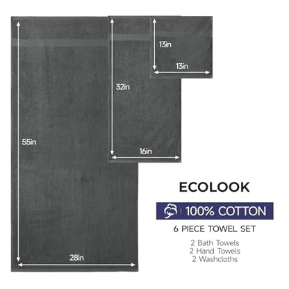 ecolook Ultra Soft 6-Piece Towel Set, 100% Cotton | Lighter Weight, Quick Dry, Highly Absorbent, 2 Bath, 2 Hand, 2 Washcloths, Perfect for Bathroom, Dark Gray - color: Dark Gray