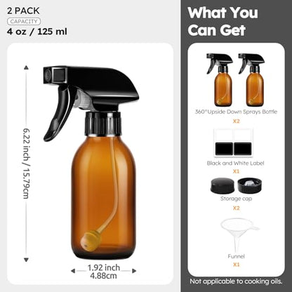 Tecohouse 360° 4 OZ Amber Glass Spray Bottles 2 Pack | 360° All-Angle Spray, Leakproof, Empty Refillable Containers for Cleaning Solutions, Plants, Facial Hydration, Hairs Care,