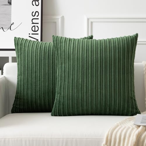 UGASA Velvet 16x16 Inch Soft Throw Pillow Covers Decorative Corduroy Striped Both Sides Solid Square Cushion Cases Boho Farmhouse for Couch Bedroom Sofa Home, Pack of 2, Moss Green - color: Moss Green, size: 16" x 16" (Pack of 2)