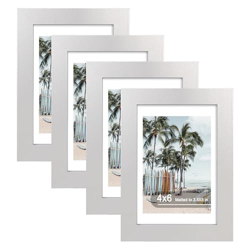 Hongkee 4x6 Picture Frame (4 Pack, Silver), Made of Real Glass and Wooden Frame - Display Pictures 3.5x5 with Mat or 4x6 Without Mat, 4 by 6 Photo Frames TableTop Display and Wall Mounting - color: Silver, size: 4x6 in