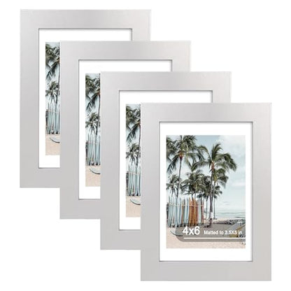 Hongkee 4x6 Picture Frame (4 Pack, Silver), Made of Real Glass and Wooden Frame - Display Pictures 3.5x5 with Mat or 4x6 Without Mat, 4 by 6 Photo Frames TableTop Display and Wall Mounting - color: Silver, size: 4x6 in